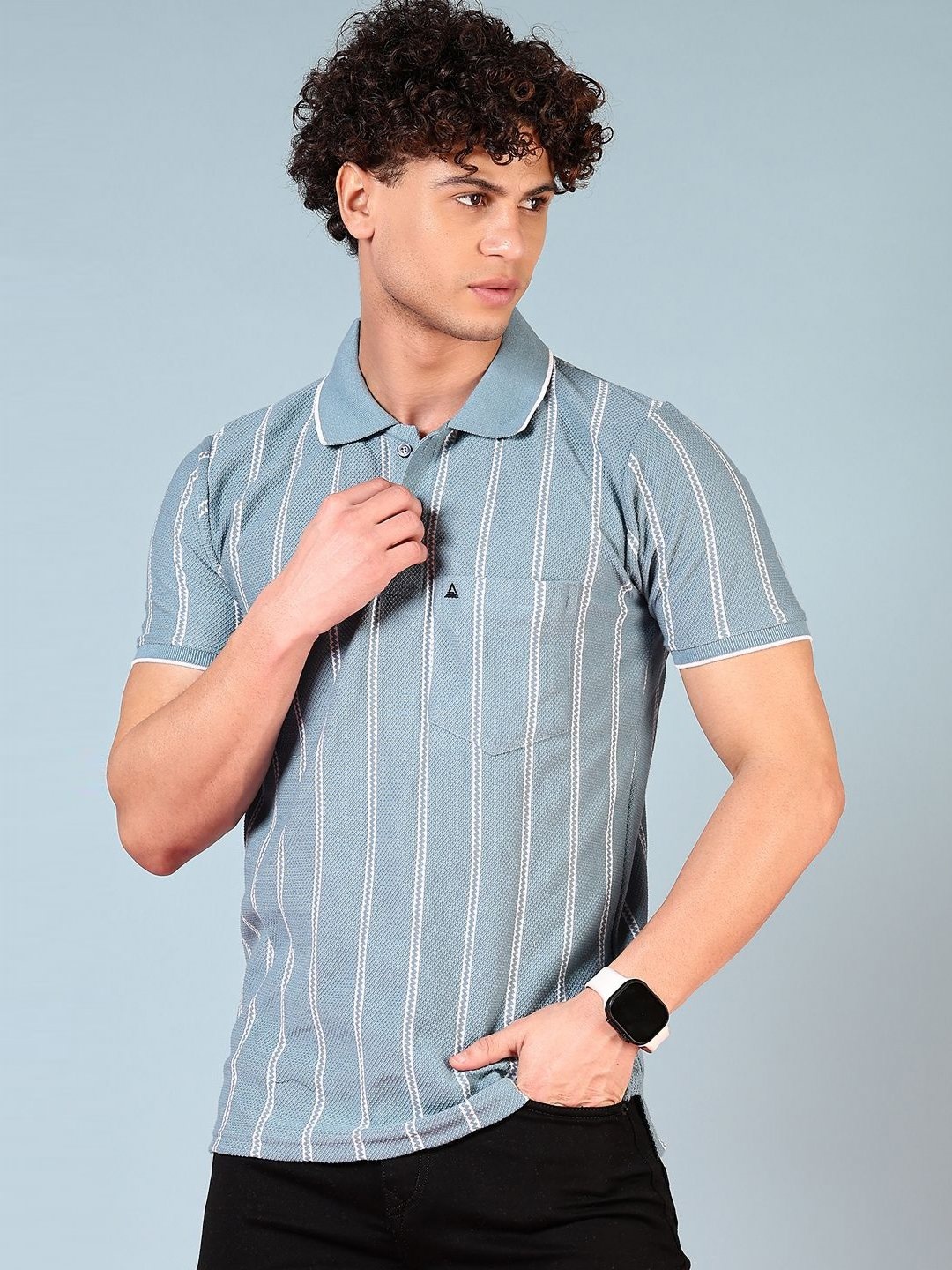 

V-Mart Men Striped Polo Collar Cotton Slim Fit T-shirt, Blue