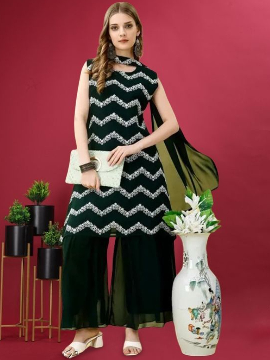 

PARROT CREATION Embroidered A-Line Sequinned Georgette Kurta With Sharara And Dupatta, Green