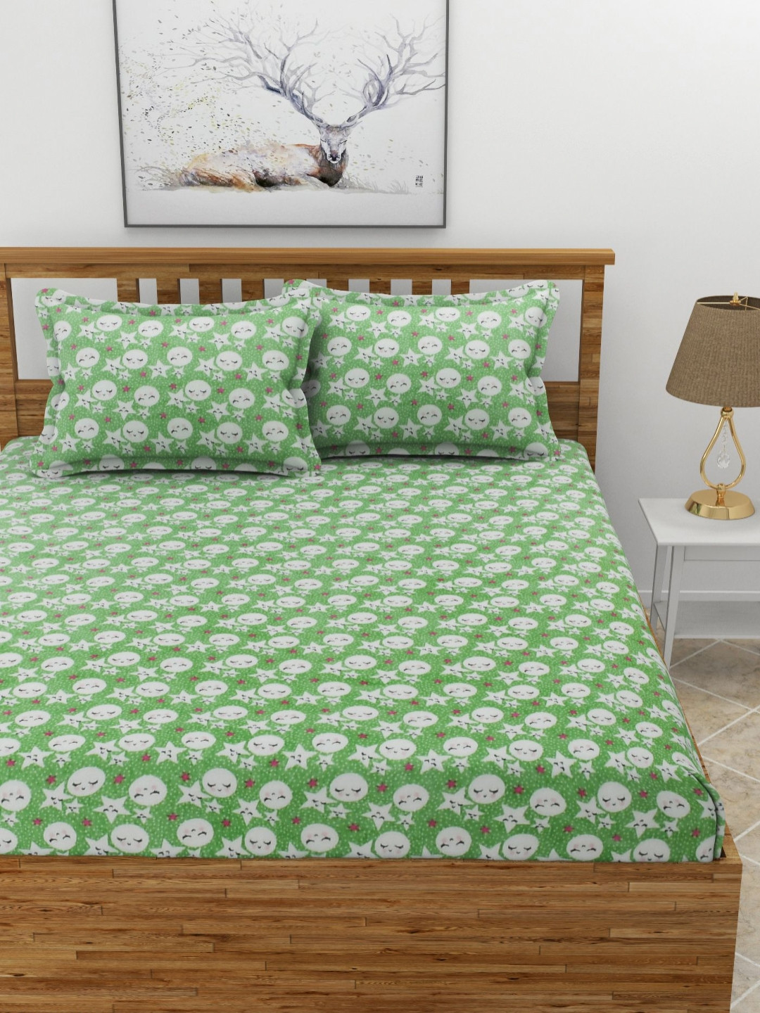 

BREVARD Green Conversational Printed Woolen Fitted 210 TC Queen Bedsheet Set 1.98m x 1.82m