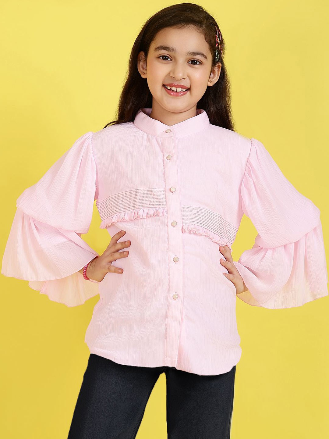 

Miss & Chief Self Design Mandarin Collar Bell Sleeve Shirt Style Top, Pink