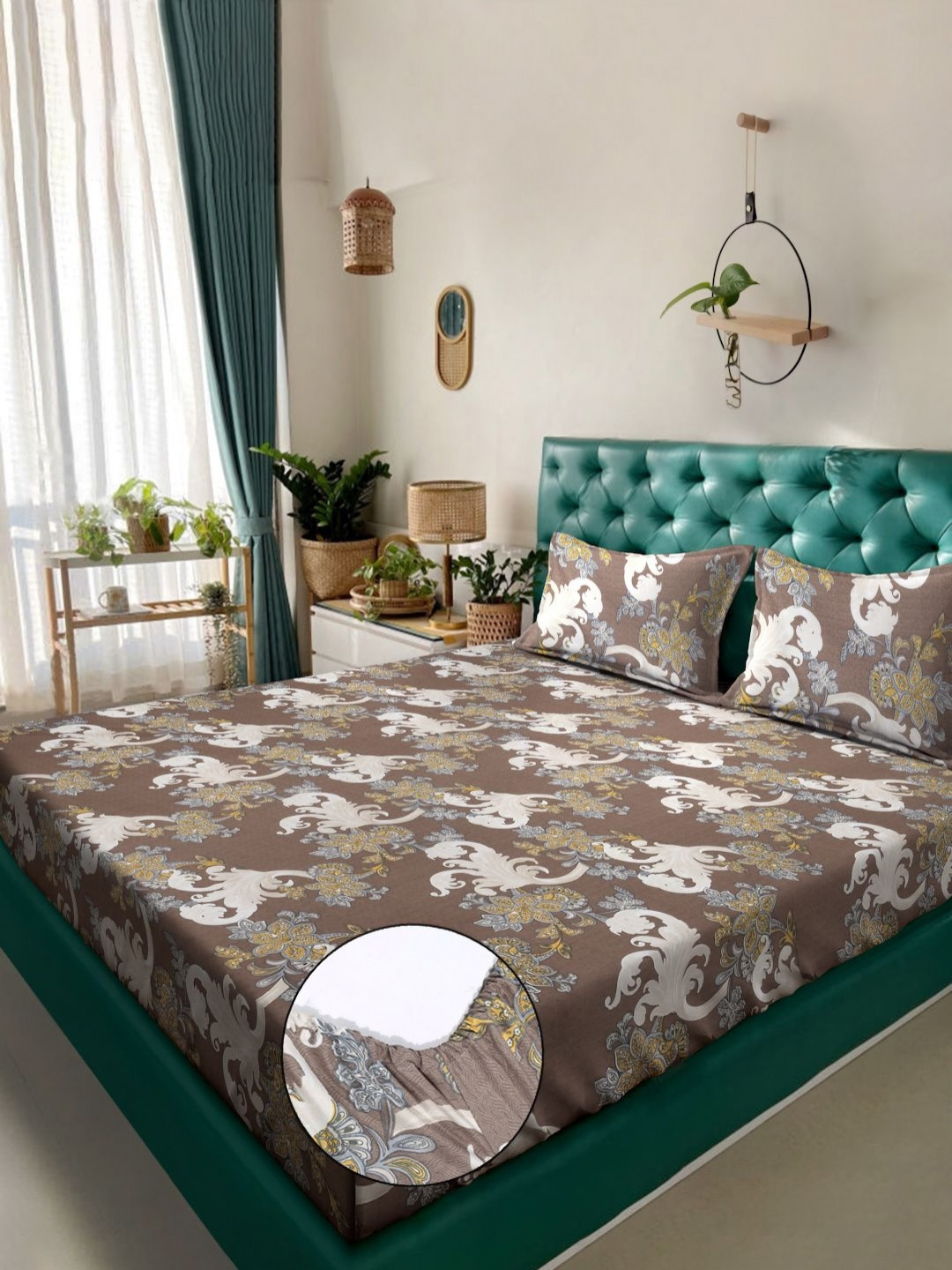 

KLOTTHE Brown & Beige Floral Printed Fitted 300 TC King Bedsheet With 2 Pillow Cover