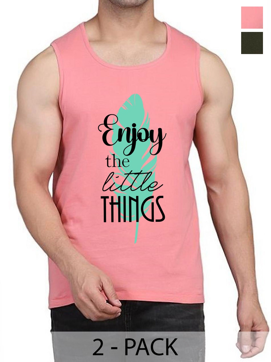 

WOOSTRO Pack Of 2 Printed Gym Vests RS26 (ENJOY PEACH)(RUN OLIVE)