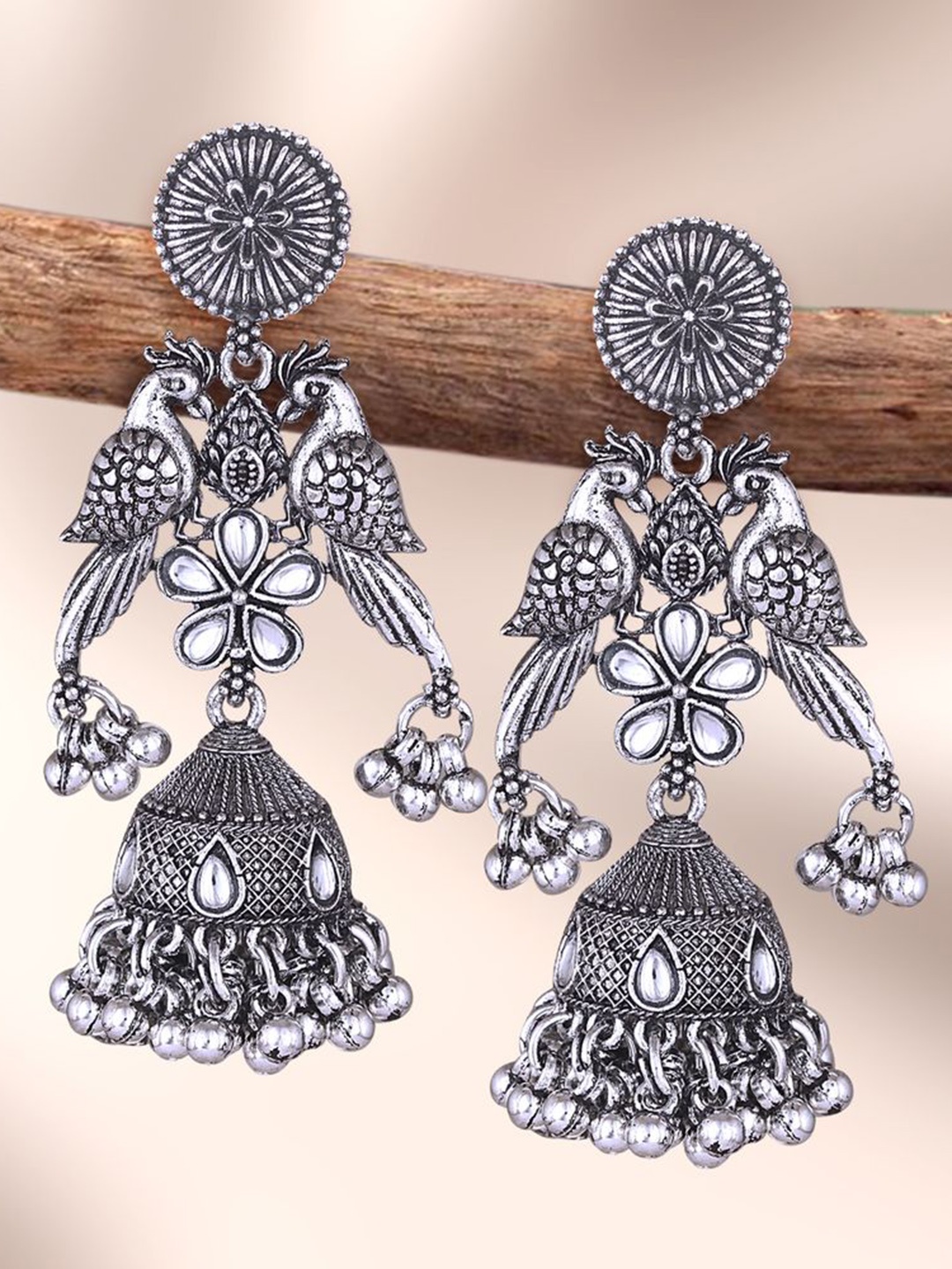 

MEENAZ Silver-Plated Oxidised Artificial Stone Studded Dome Shaped Jhumkas