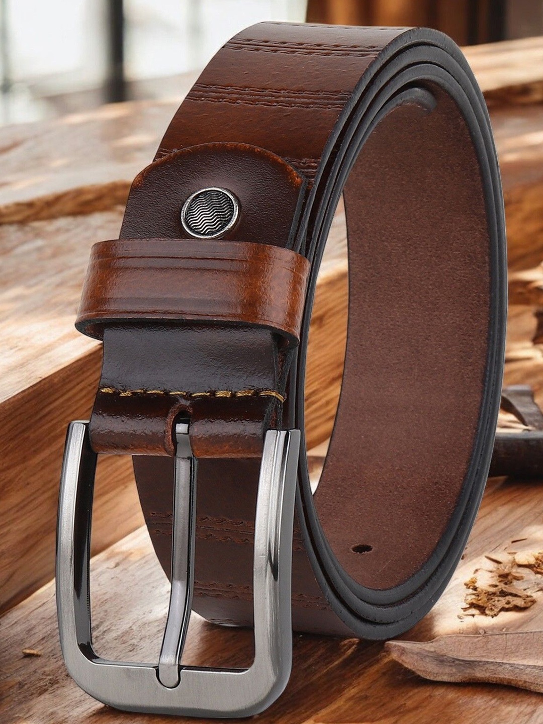 

Metronaut Men Textured Leather Formal Belt, Brown