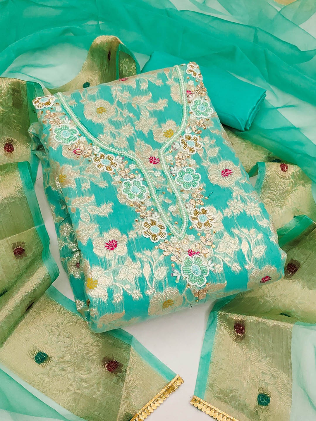 

SAINOOR Floral Woven Design Beads & Stones Banarasi Cotton Unstitched Dress Material, Sea green