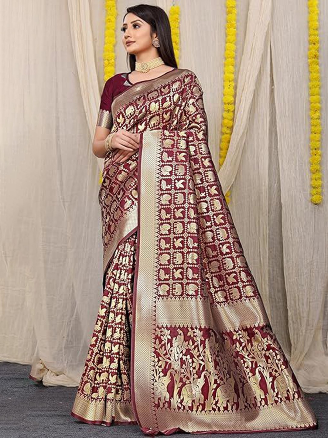 

KALINI Woven Design Zari Pure Silk Saree, Maroon