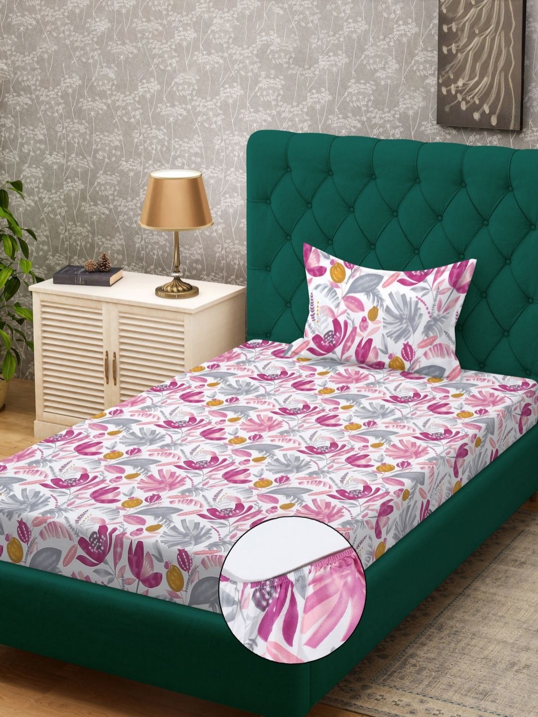 

KLOTTHE Purple Floral Printed Fitted 300 TC Single Bedsheet With Pillow Cover