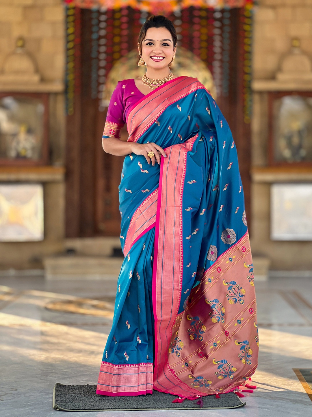 

Divyadham Textiles Woven Design Zari Pure Silk Paithani Saree, Blue