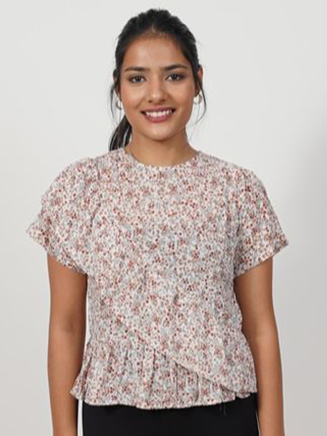 

XOXO Cherry Women Floral Printed Pleated Peplum Top, White