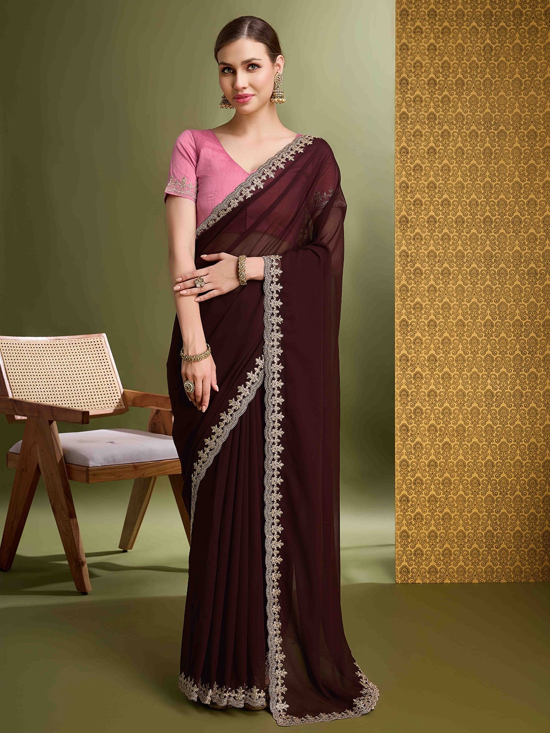 

Mitera Embroidered Pure Georgette Saree, Brown