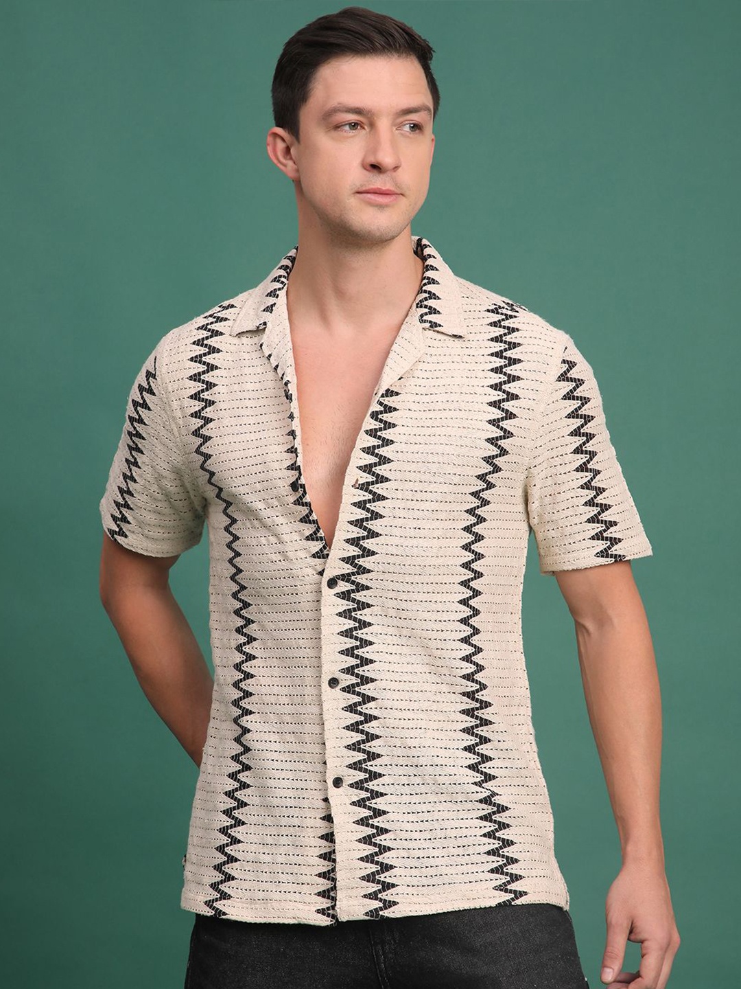 

Voroxy Men Relaxed Semi Sheer Casual Shirt, Cream