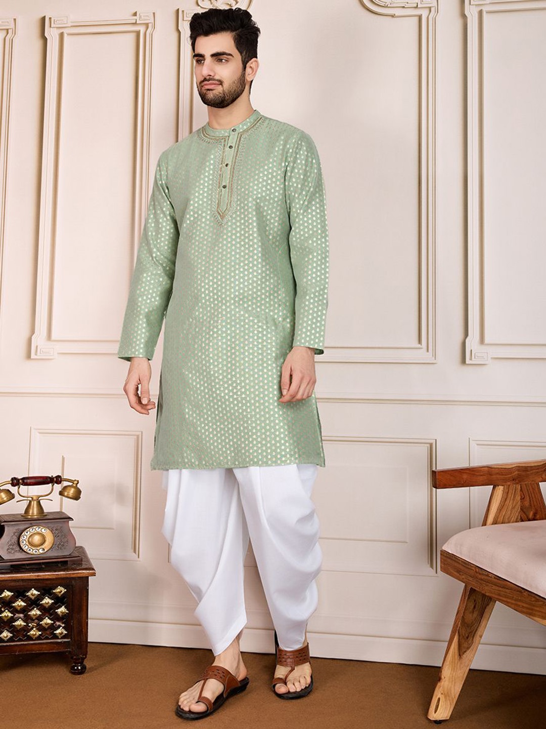 

House of Pataudi Woven Design Band Collar Kurta, Green