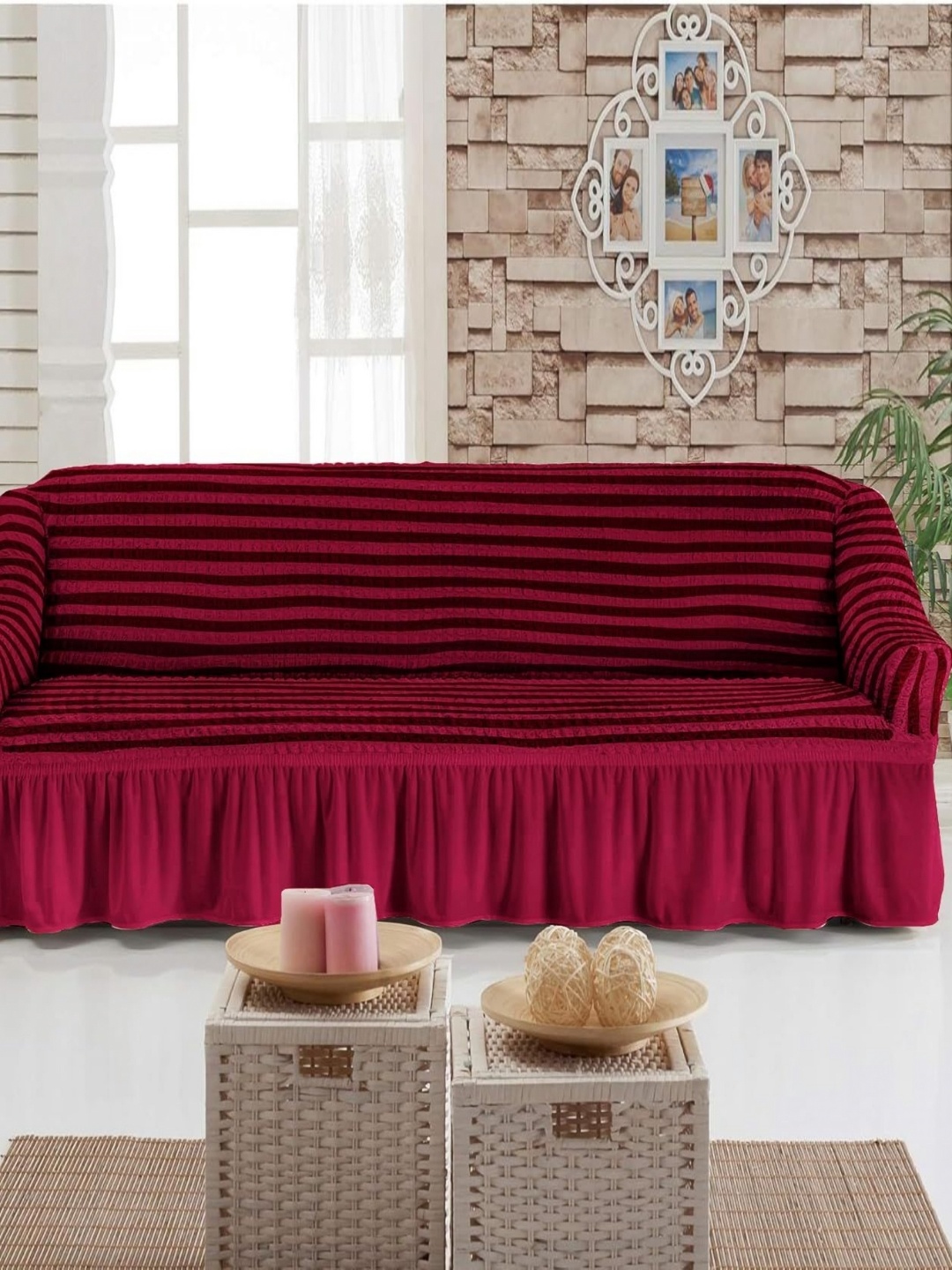 

MULTITEX Maroon & Black Striped Polyester Sofa Cover