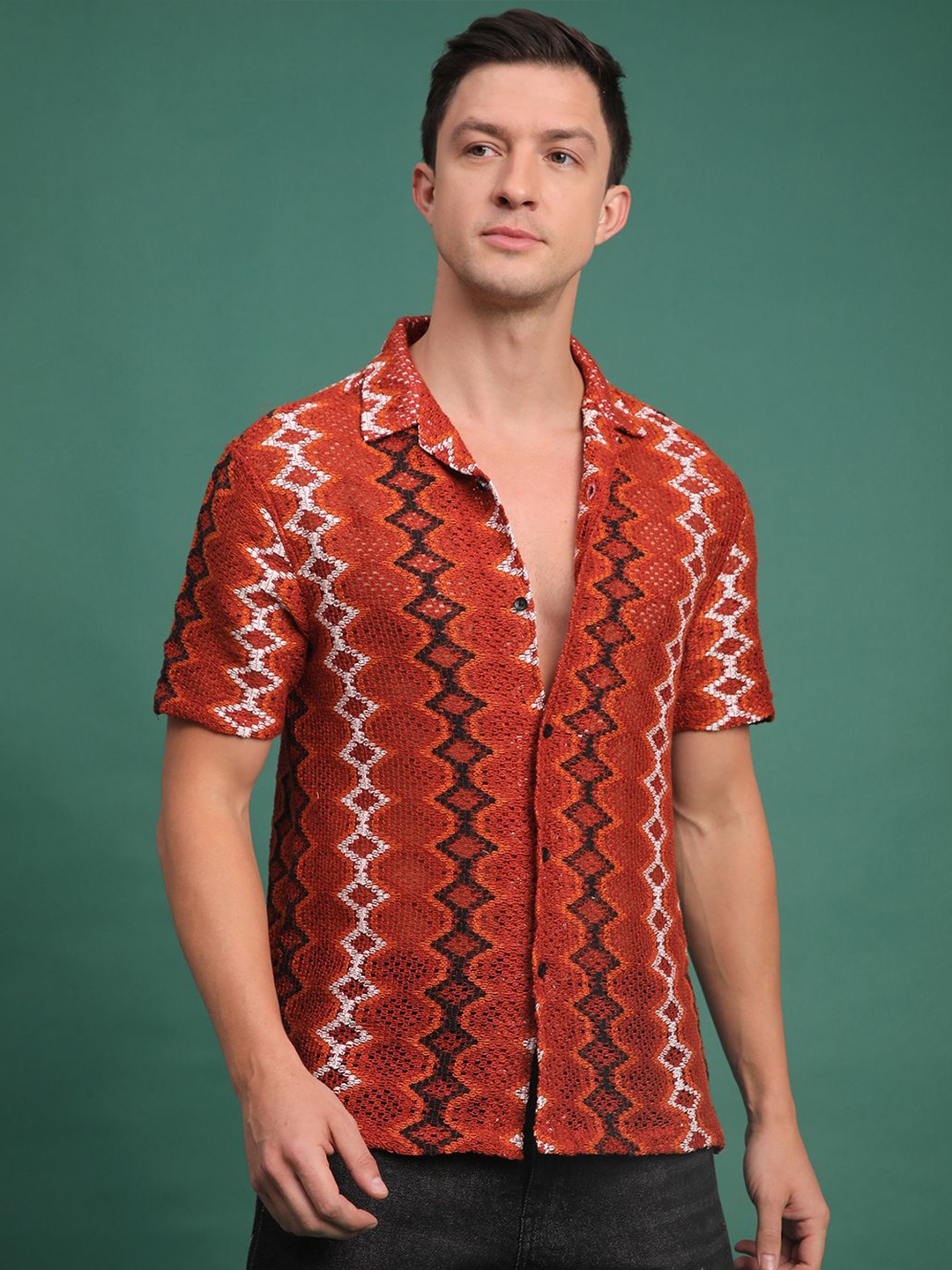 

Voroxy Men Relaxed Semi Sheer Casual Shirt, Red