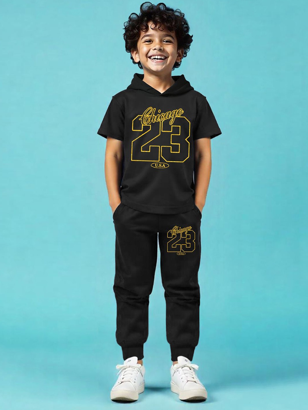 

YK X Trampoline Kids Graphic Printed Hooded Neck T-shirt With Track Pant, Black