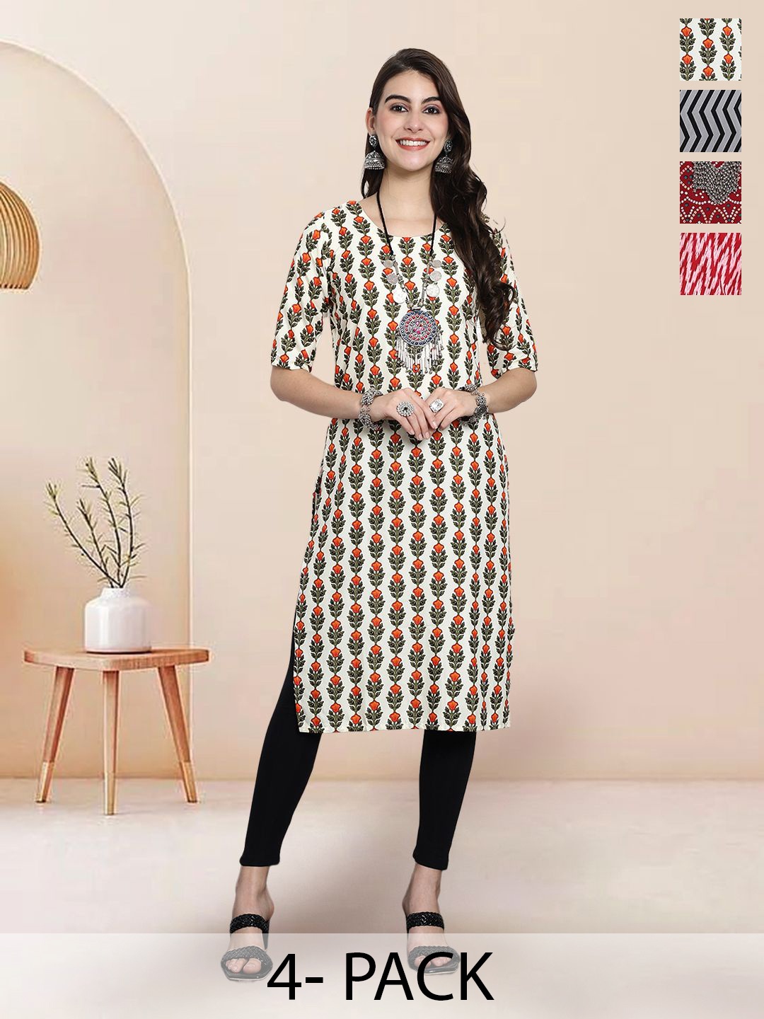 

7Threads Selection Of 4 Floral Printed Round Neck Straight Kurtas, Beige
