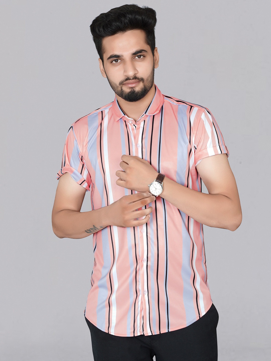 

iCome Men Classic Opaque Striped Casual Shirt, Pink
