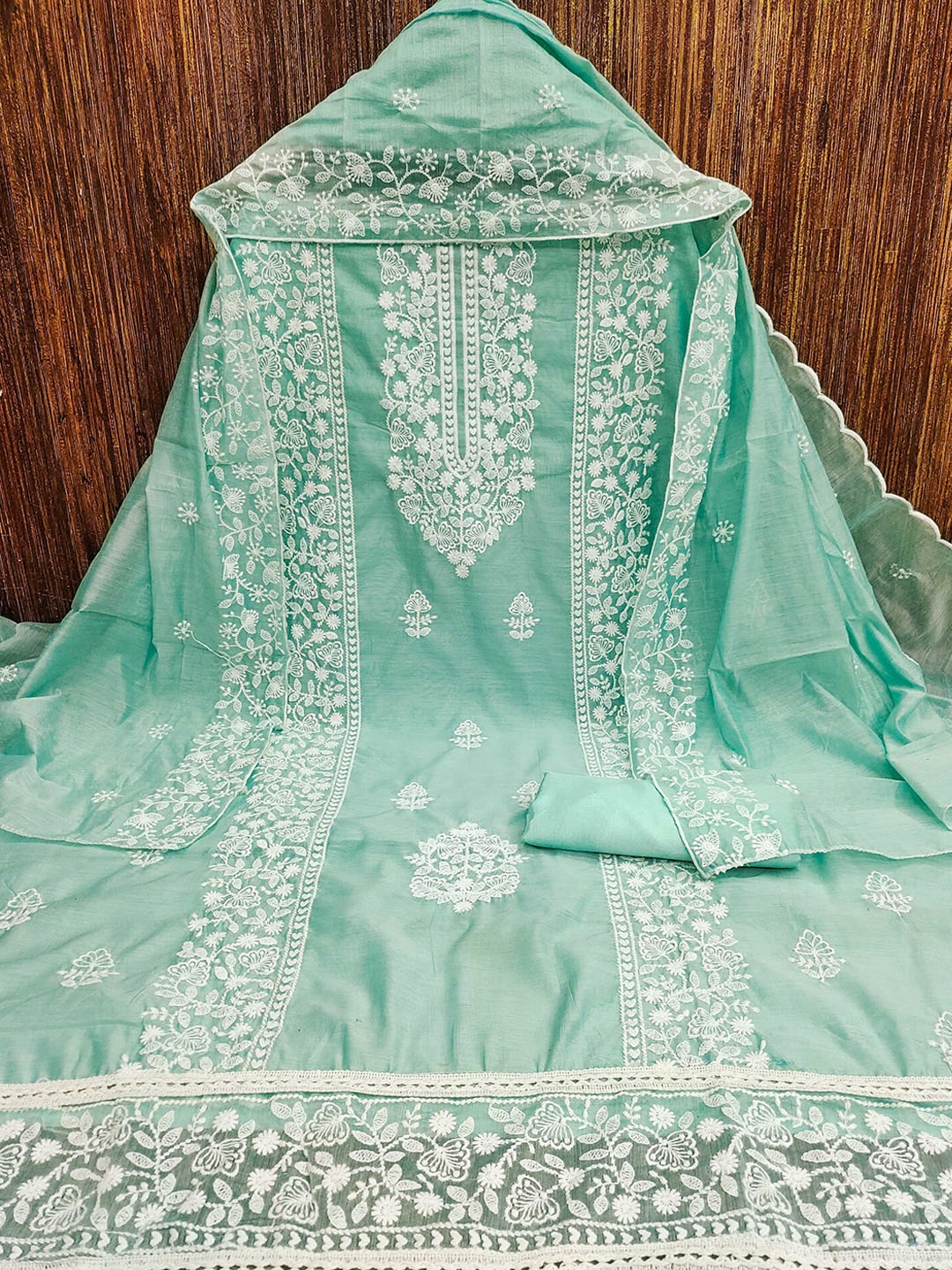 

SAINOOR Floral Embroidered Chanderi Cotton Unstitched Dress Material, Sea green