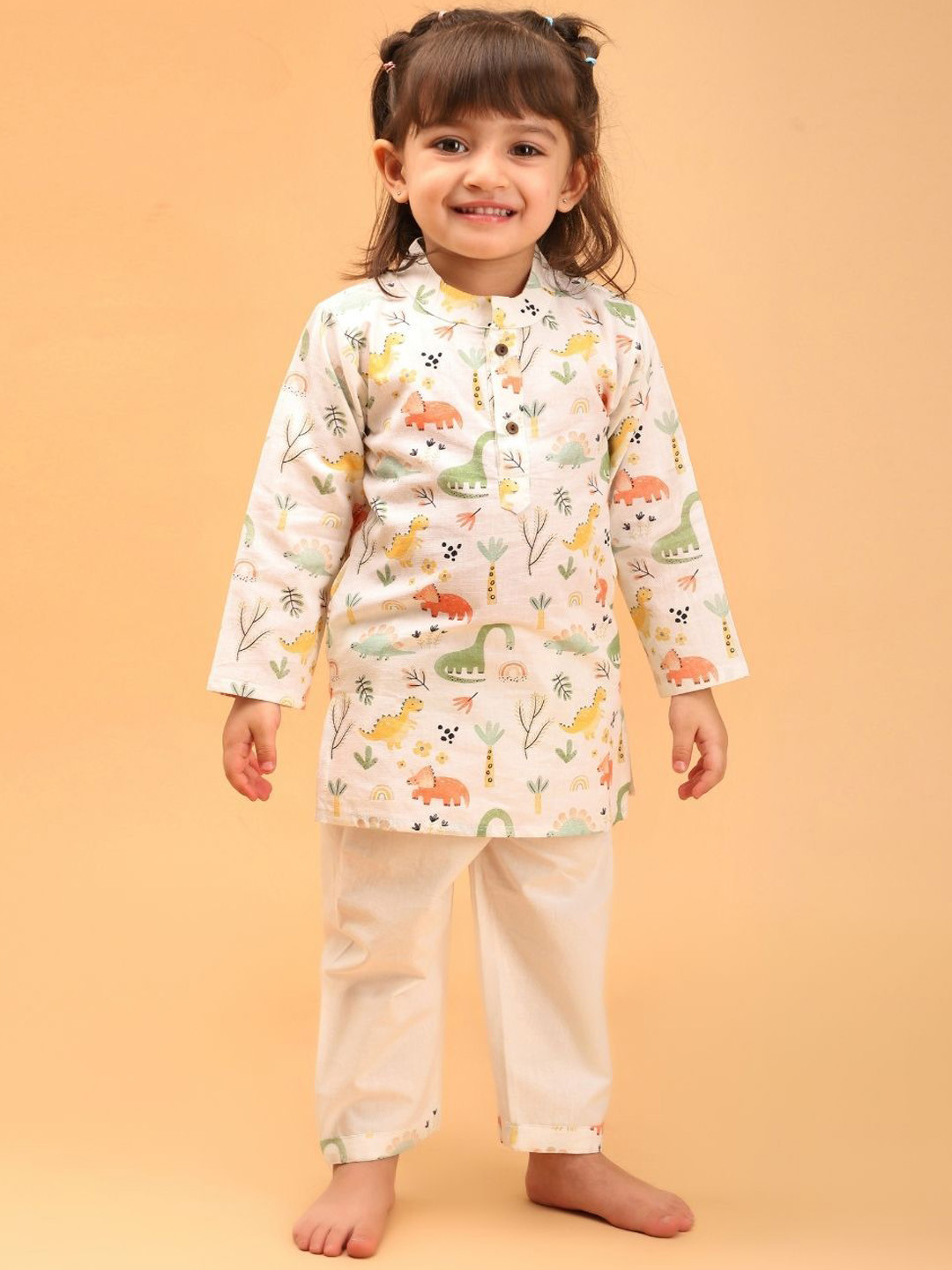 

MAMA AND PEACHES Unisex Kids Animal Printed Pure Cotton Kurta With Trouser, White
