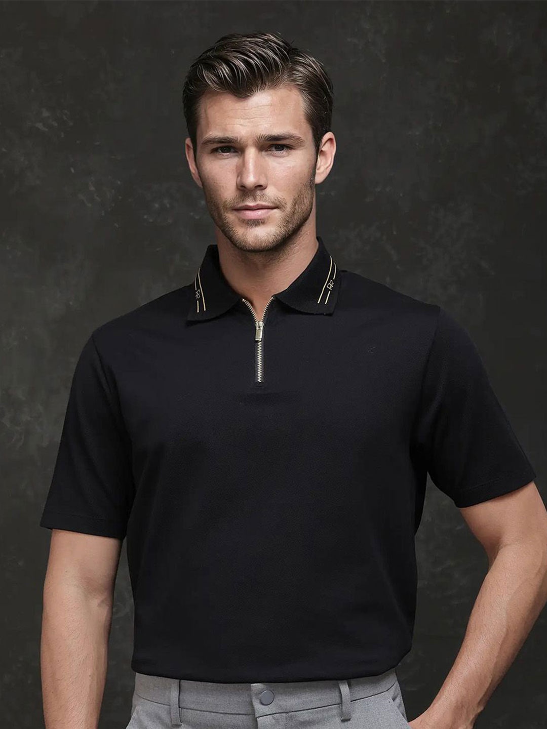 

RARE RABBIT Men Polo Collar Pockets T-shirt, Black