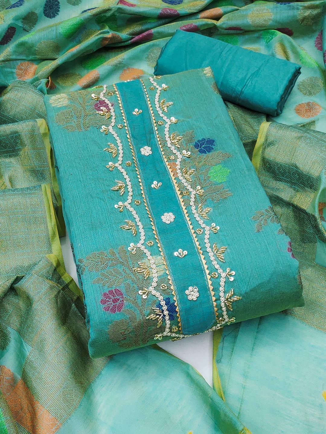 

SAINOOR Floral Embroidered Banarasi Semi-Stitched Dress Material, Teal