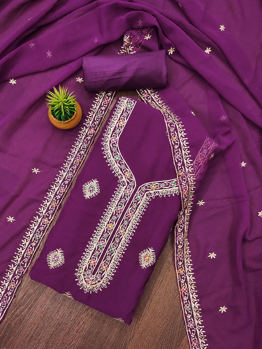 

SAINOOR Embroidered Silk Georgette Unstitched Dress Material, Purple