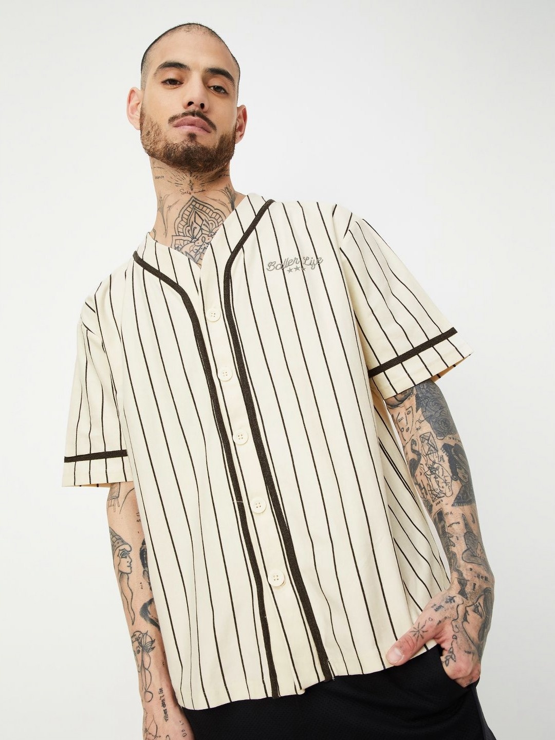

max Men Striped Hooded Pockets T-shirt, Beige