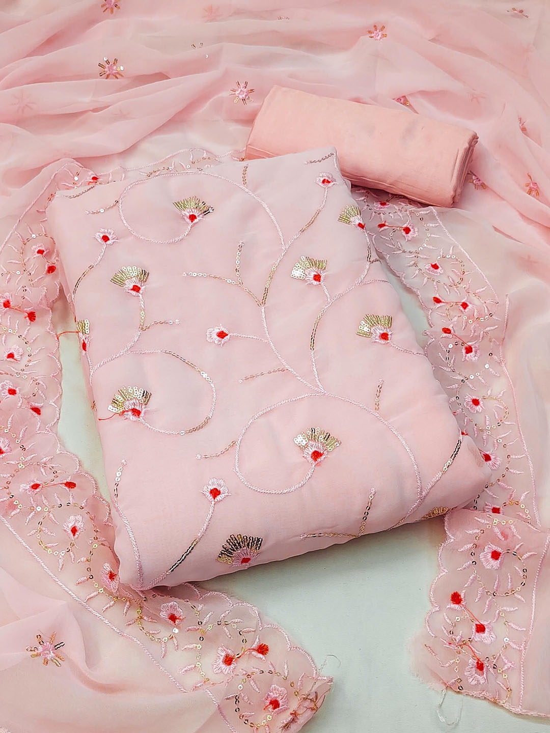 

SAINOOR Floral Embroidered sequinned Silk Georgette Unstitched Dress Material, Pink