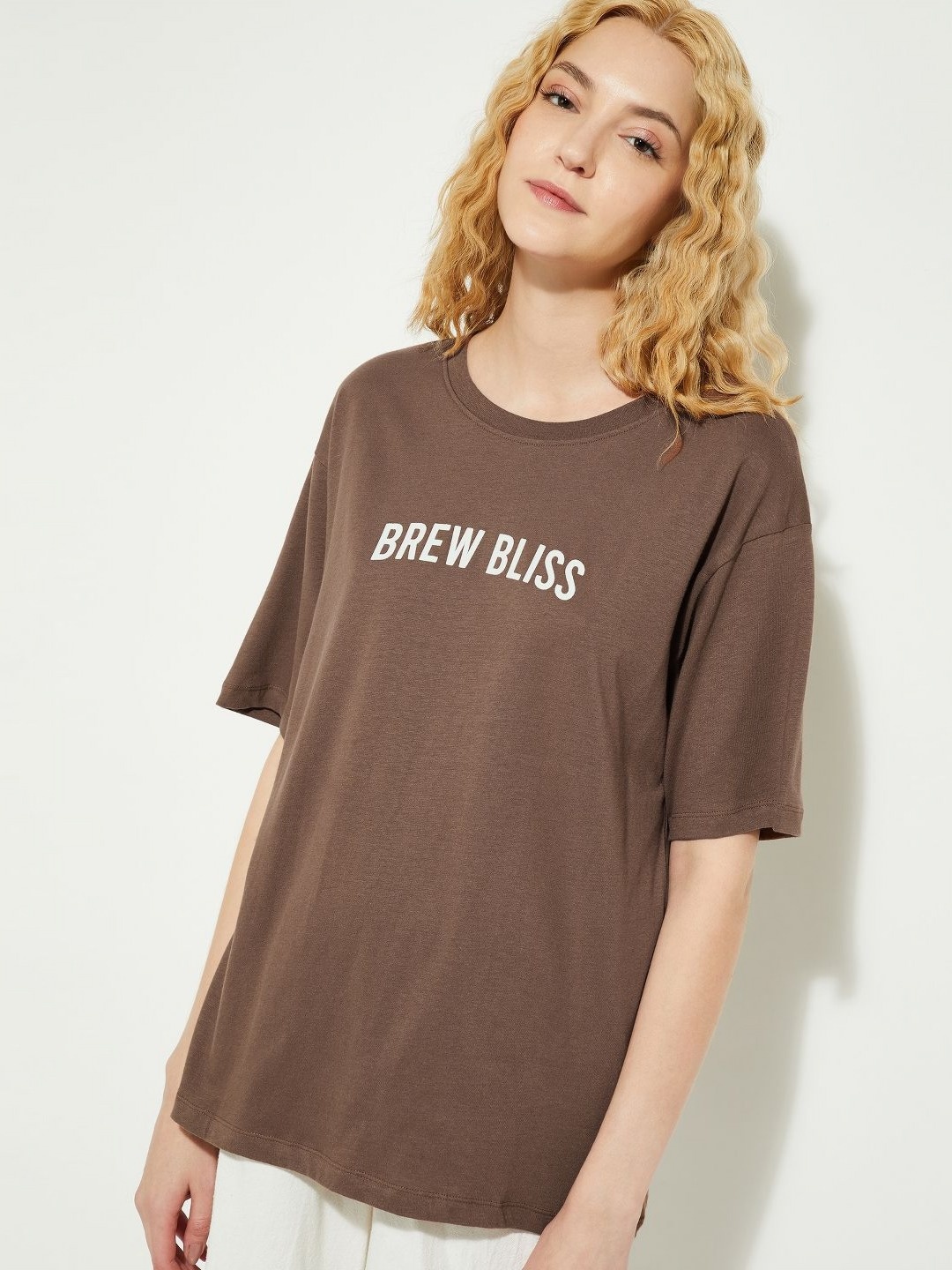 

max Women Graphic Printed Round Neck Cotton Oversized T-shirt, Brown