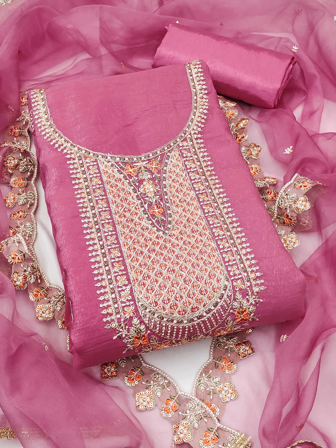 

SAINOOR Embroidered Sequinned Organza Semi-Stitched Dress Material, Pink
