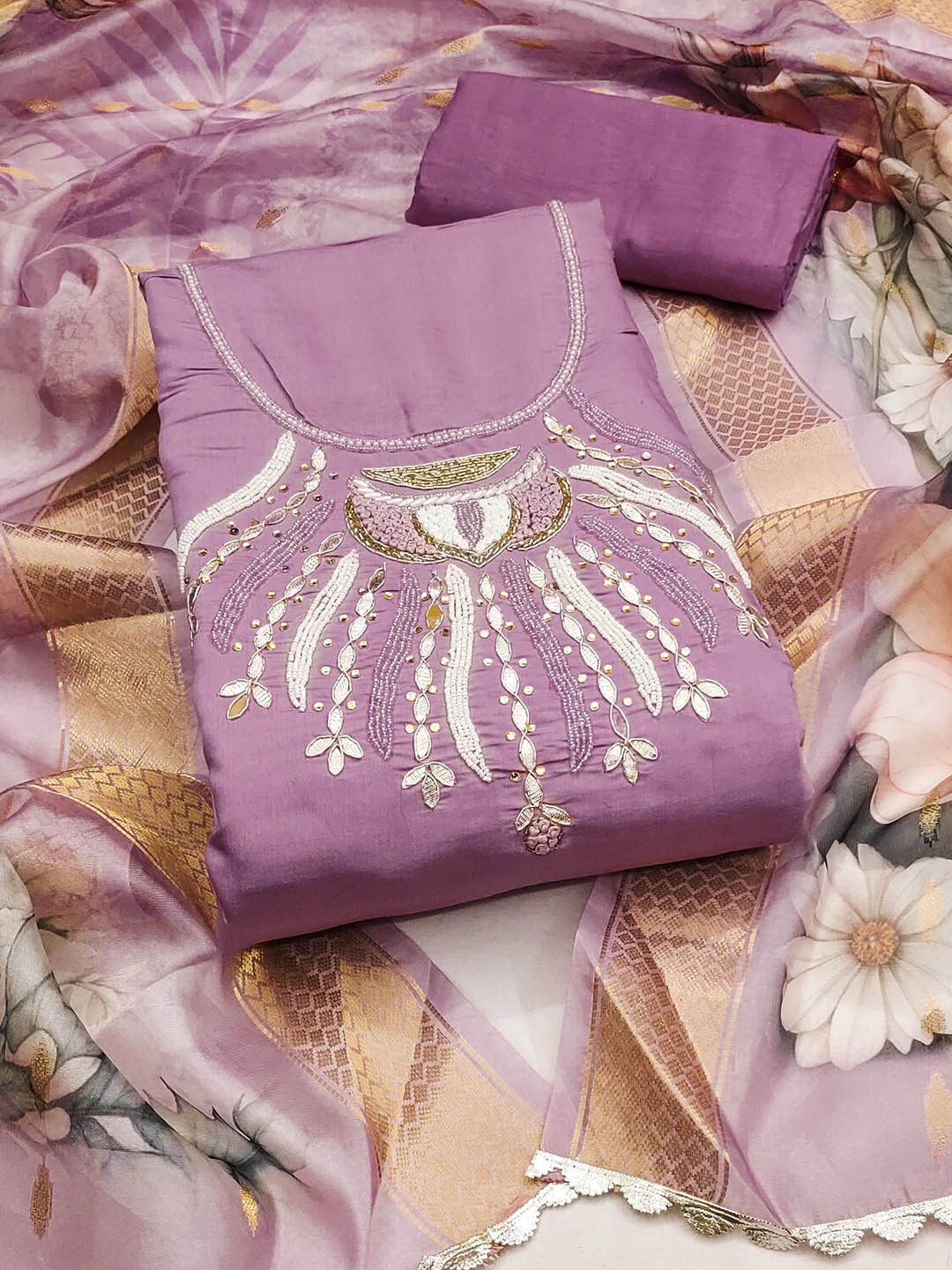 

SAINOOR Embellished Pure Silk Semi-Stitched Dress Material, Purple