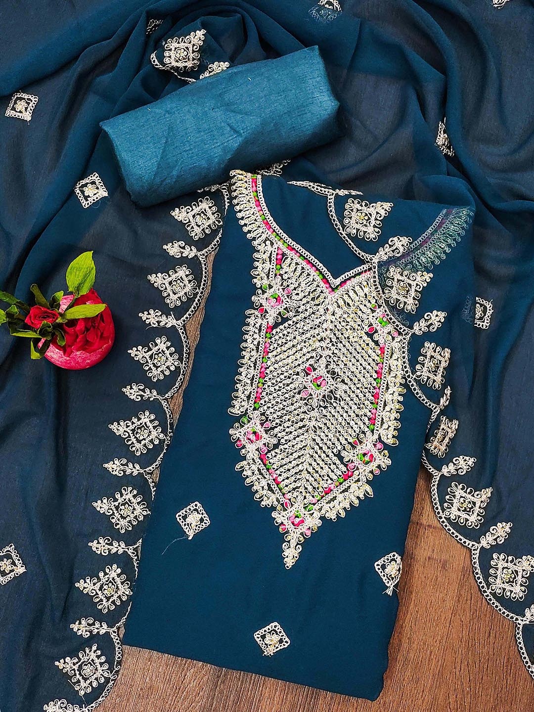 

SAINOOR Floral Embroidered Silk Georgette Unstitched Dress Material, Teal