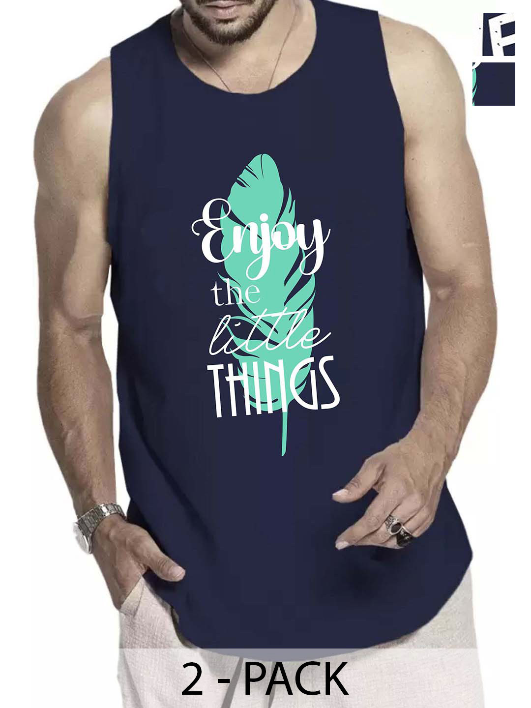 

WOOSTRO Pack Of 2 Cotton Printed Gym Vests, Navy blue