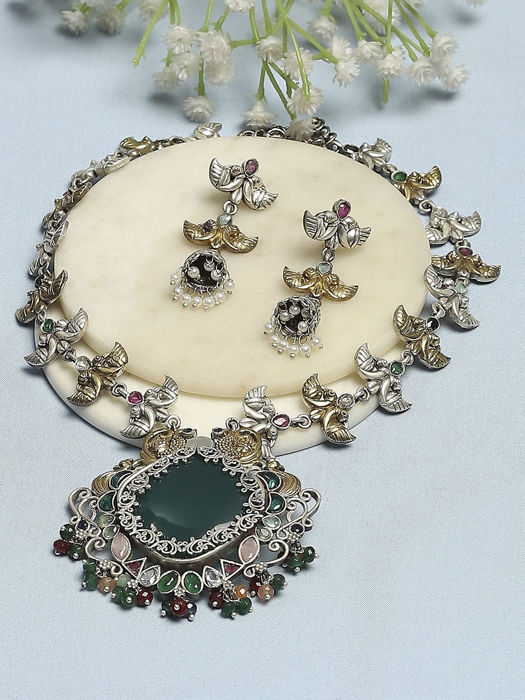 

Biba Silver-Plated Artificial Stones-Studded & Beaded Jewellery Set