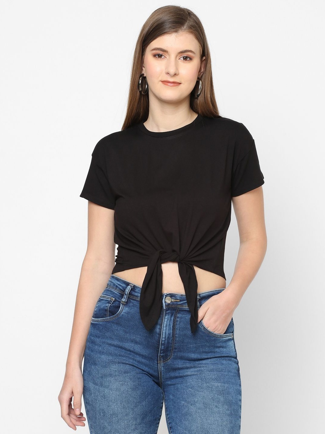 

Kraus Jeans Women Extended Sleeves Pockets Slim Fit T-shirt, Black