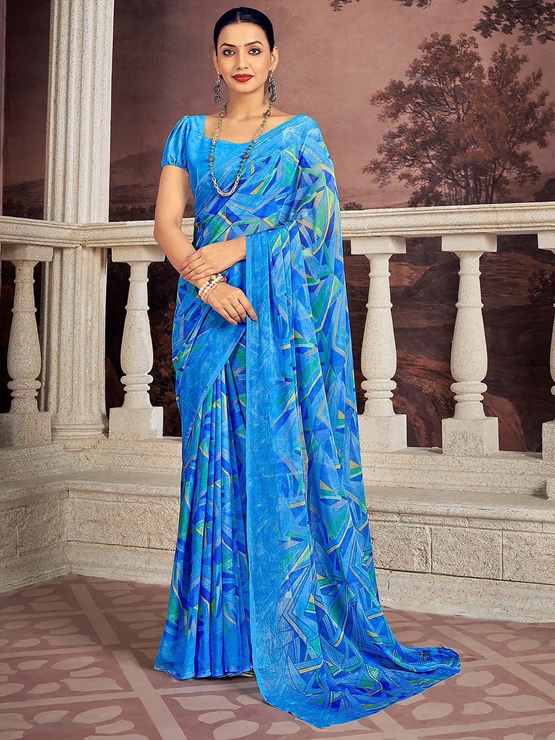 

Saree mall Bagru Printed Saree, Blue