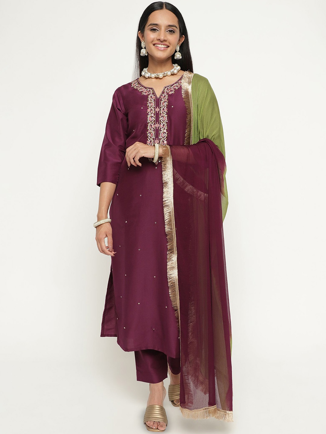 

KALINI Floral Embroidered Sequnnied Notch Neck Straight Kurta With Trousers & Dupatta, Purple