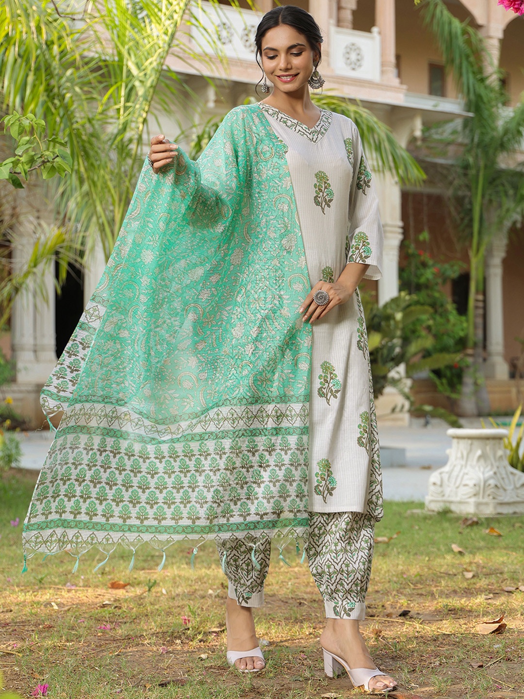 

KALINI Floral Printed V Neck Pure Cotton A-Line Kurta With Salwar & Dupatta, White