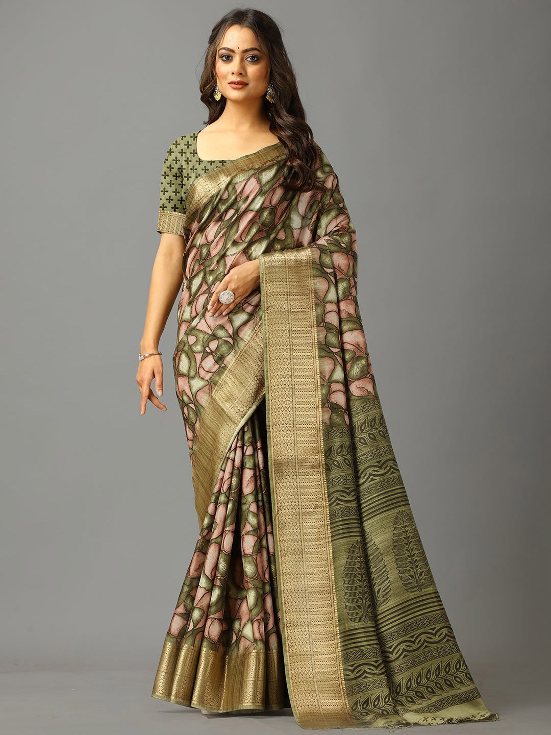 

A.V.M. SILK MILLS Abstract Printed Zari Saree, Green