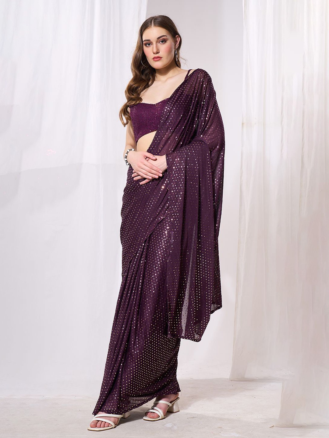 

Mitera Embellished Beads and Stones Ready to Wear Saree, Purple