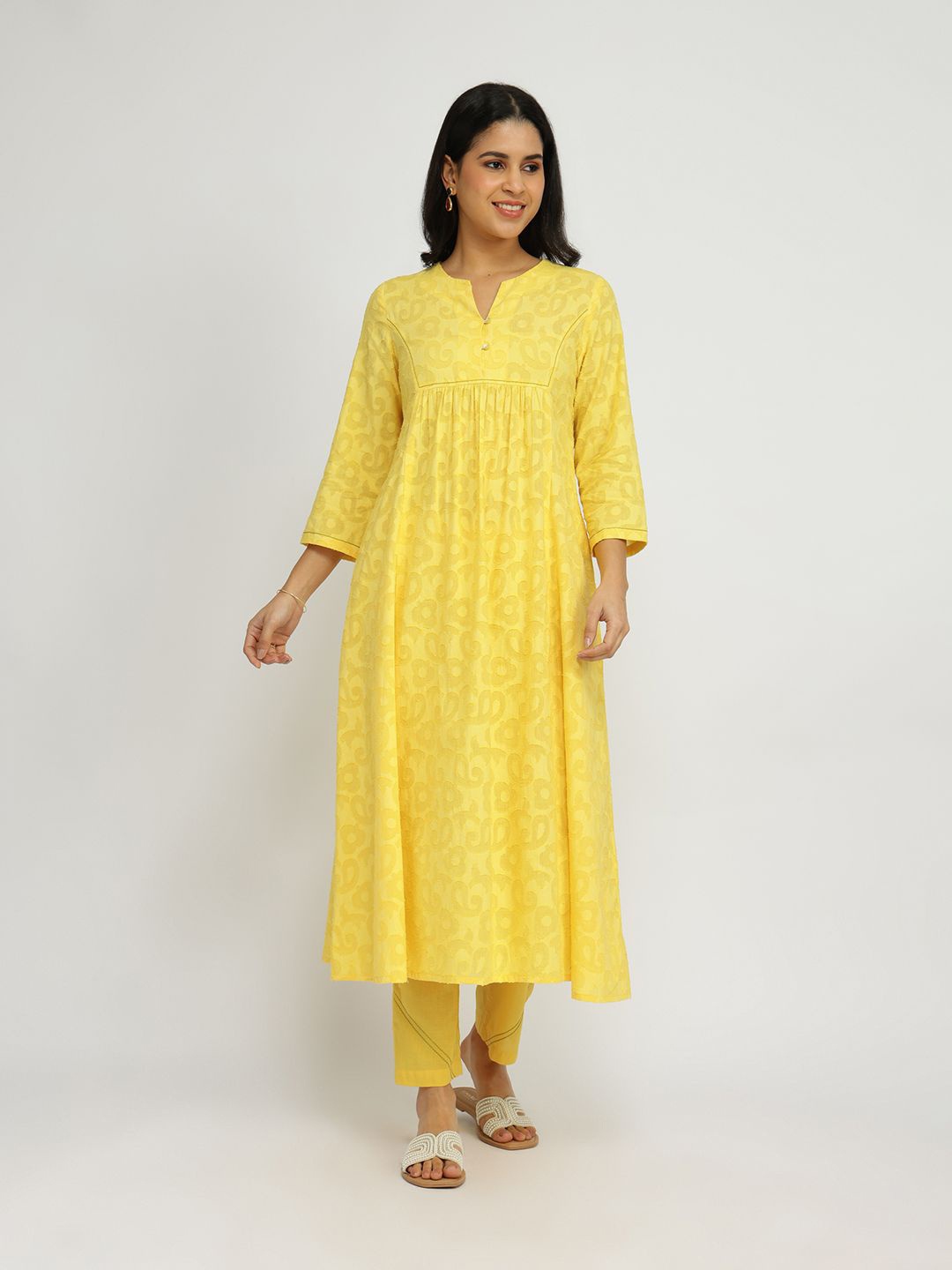 

Pink Fort Women Ethnic Motifs Regular Pure Cotton Kurta with Trousers, Yellow