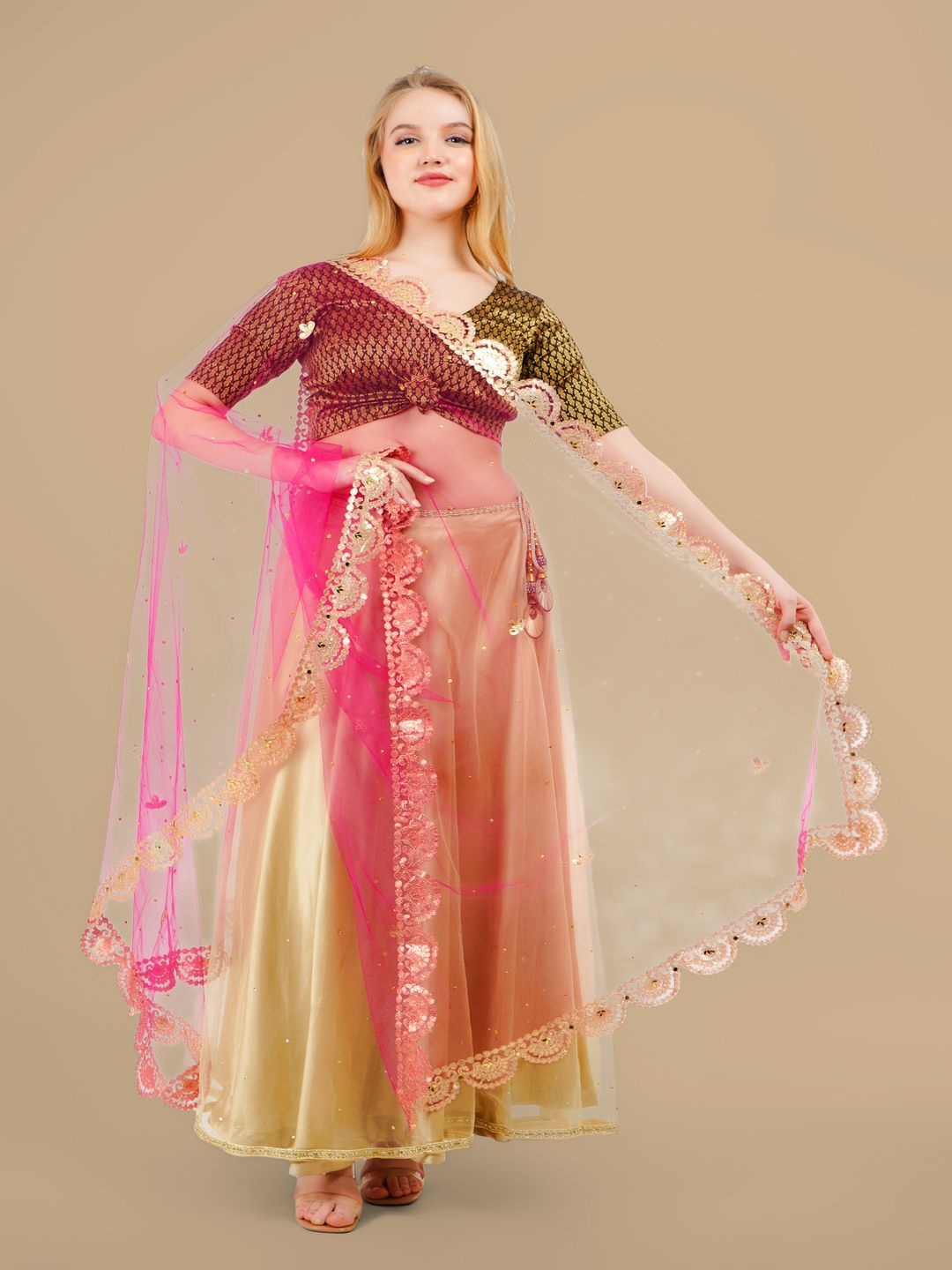 

Karthav Fashion Floral Embroidered Dupatta With Beads and Stones, Pink