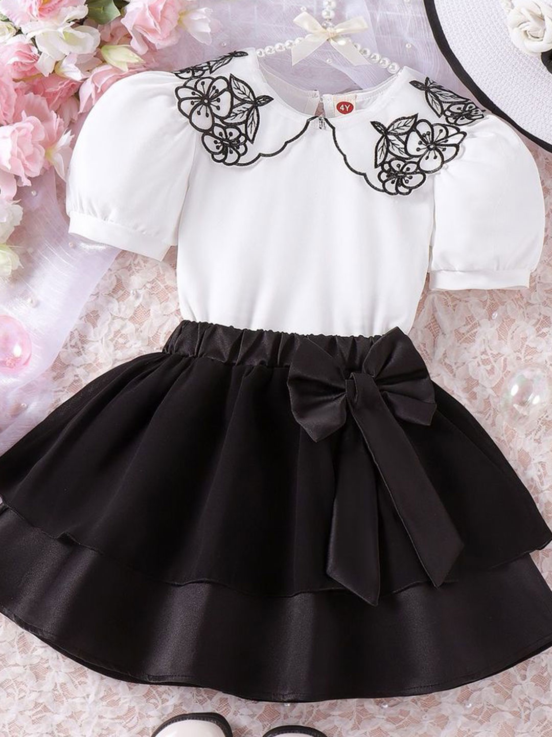 

LULU & SKY Girls Collared Round Neck Top with Tiered Skirt, White