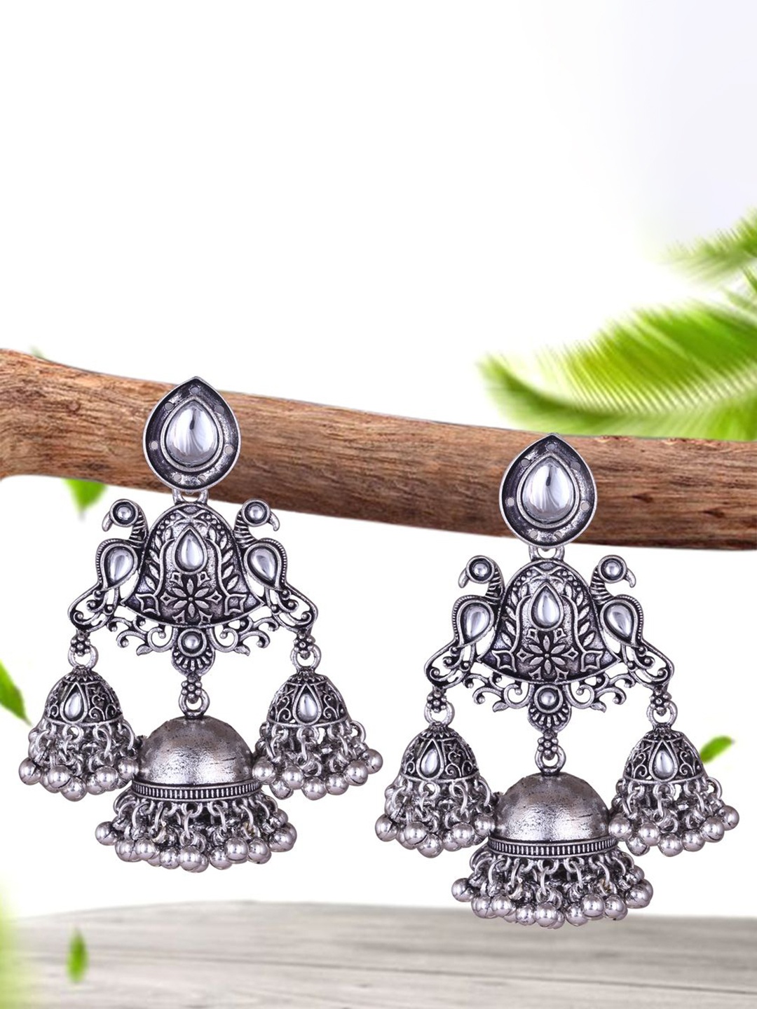 

DIVASTRI Silver-Plated Kundan Studded & Pearls Beaded Peacock Shaped Jhumkas
