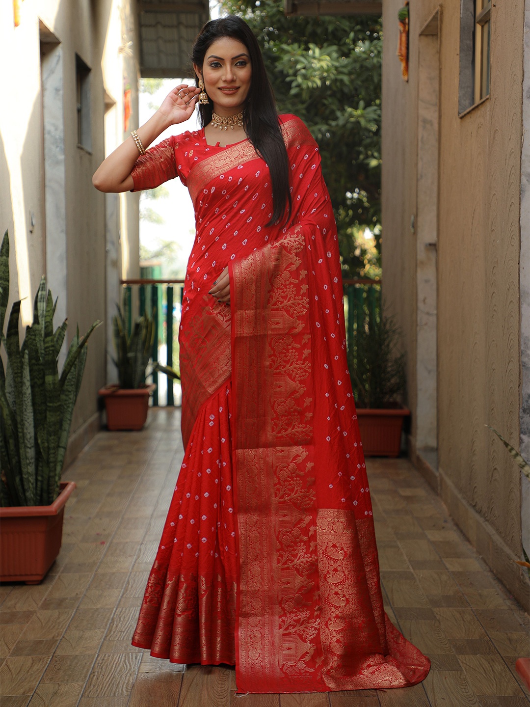 

Vintro Bandhani Zari Kanjeevaram Saree, Red