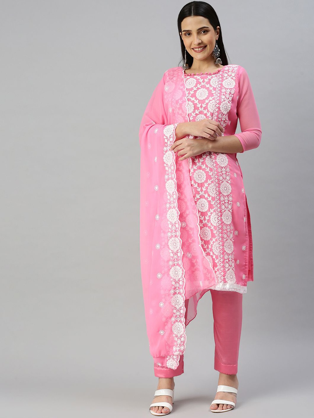 

SAINOOR Floral Embroidered Silk Georgette Semi-Stitched Dress Material, Pink