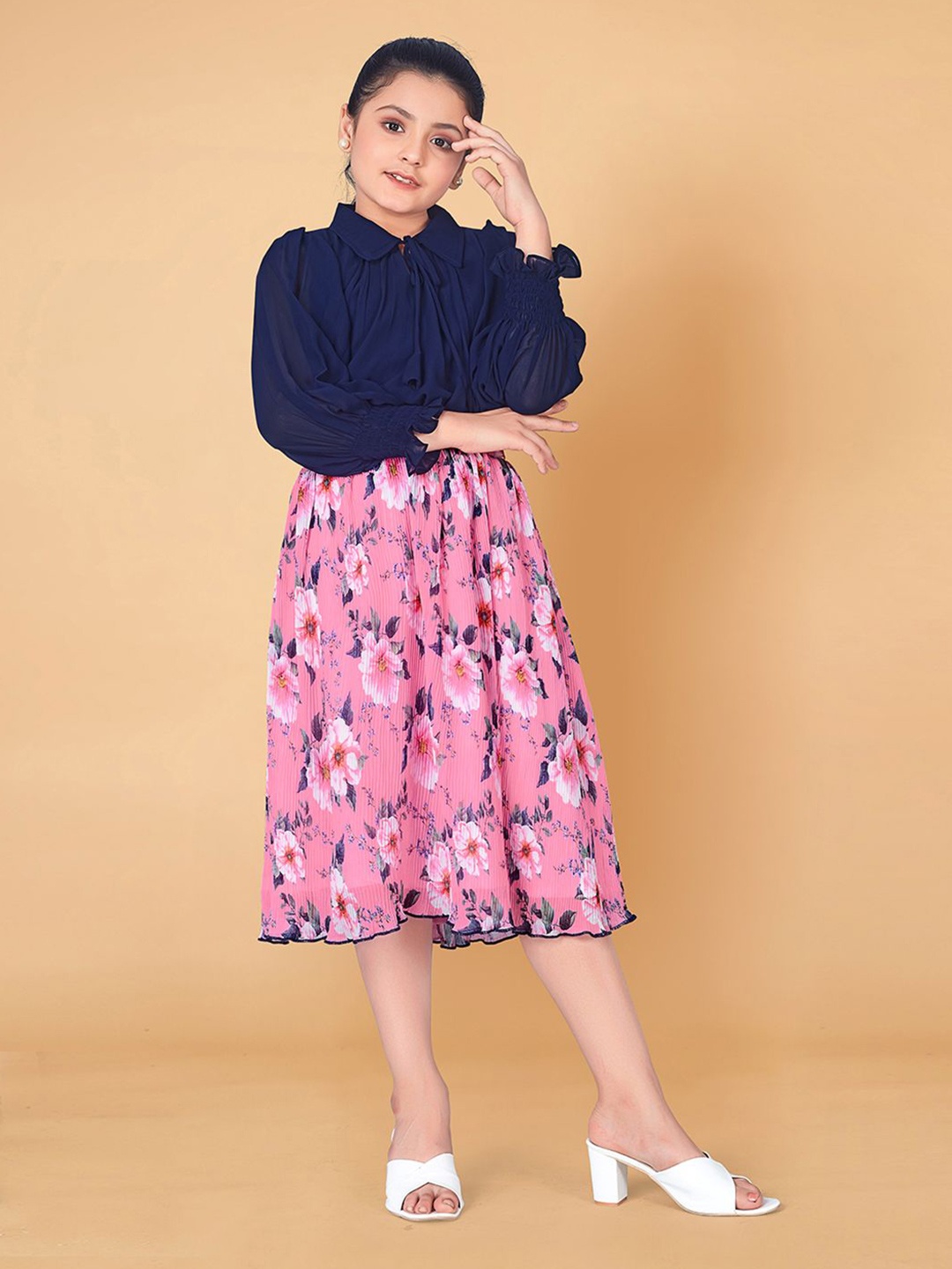 

YK Girls Three-Quarter Sleeves Georgette Top With Skirt, Navy blue