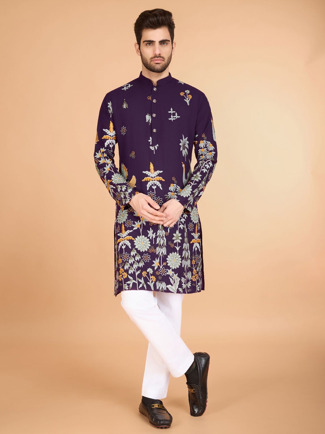 

ODETTE Floral Printed Mandarin Collar Straight Kurta, Purple