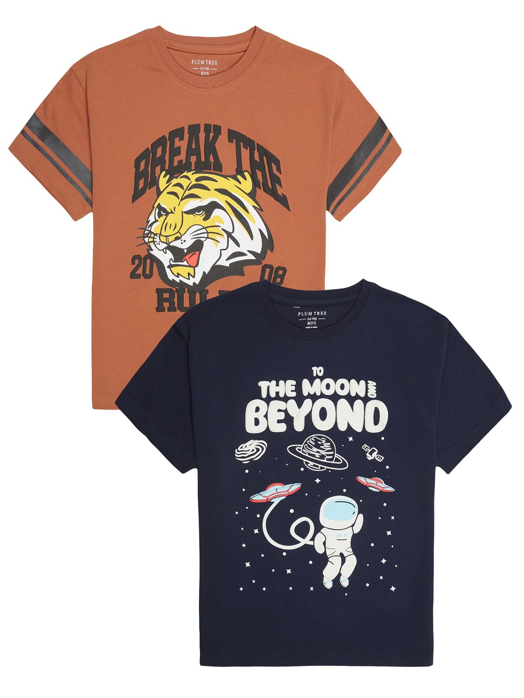 

PLUM TREE Boys Pack Of 2 Graphic Printed Round Neck Cotton T-shirts, Navy blue