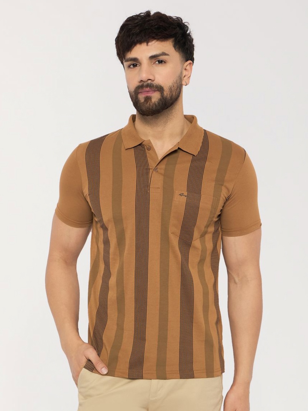 

ARRAY Men Striped Polo Collar Cotton Slim Fit T-shirt, Brown